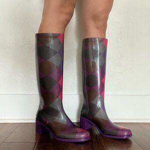 Emilio Pucci Rain Boots Sz 38 Purple Geometric Print Heeled Rubber Made in Italy